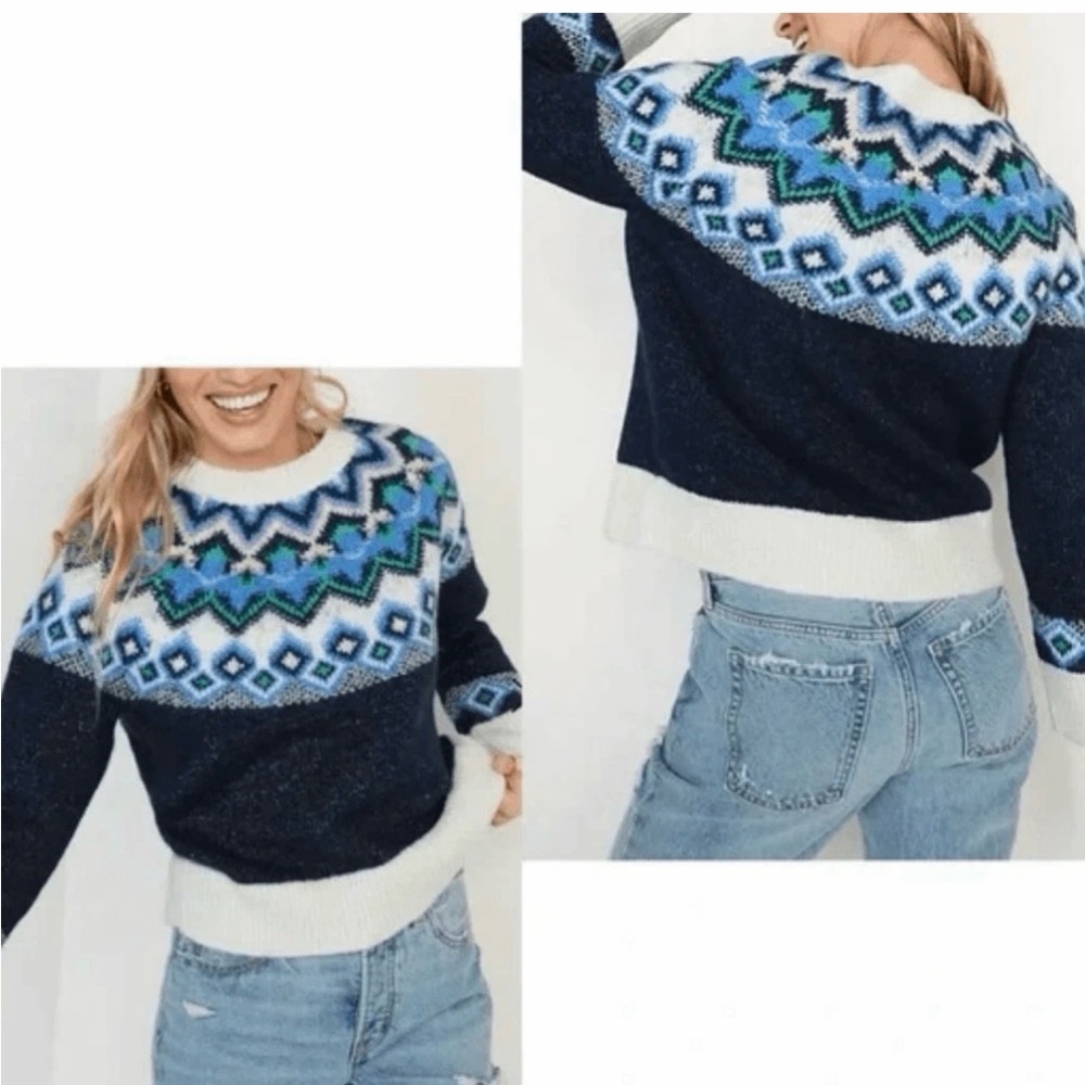 Old Navy Crew Neck Fair Isle Sweater Blue and White with jacquard pattern. XS